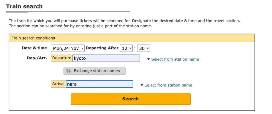 Train Between Kyoto and Nara: screenshots from Kintetsu railway website outlining how to buy tickets