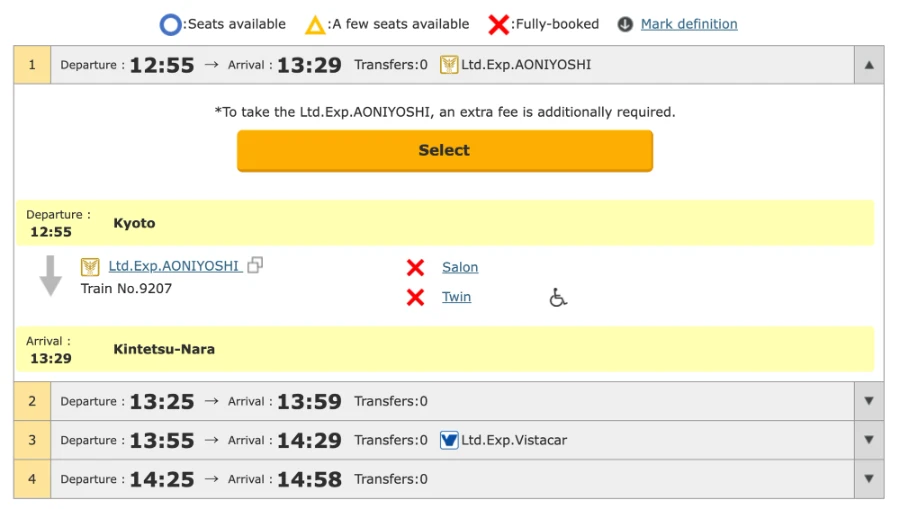 Train Between Kyoto and Nara: screenshots from Kintetsu railway website outlining how to buy tickets