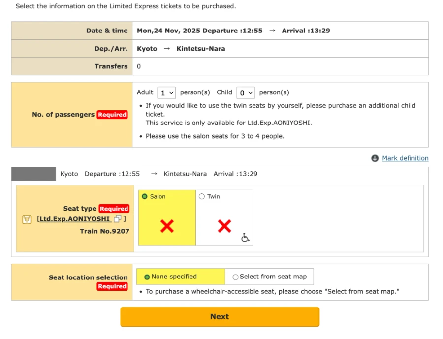 Train Between Kyoto and Nara: screenshots from Kintetsu railway website outlining how to buy tickets
