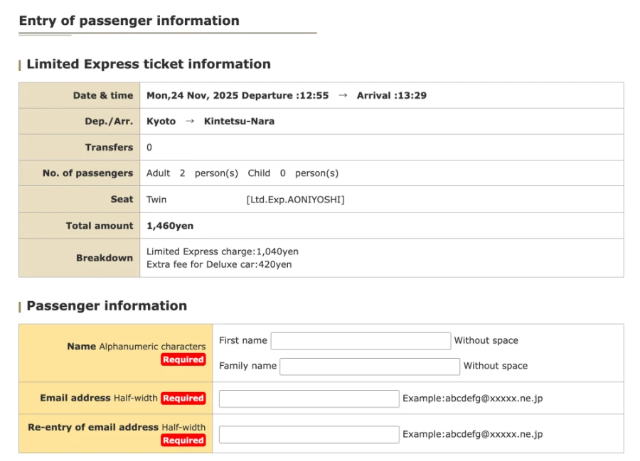 Train Between Kyoto and Nara: screenshots from Kintetsu railway website outlining how to buy tickets