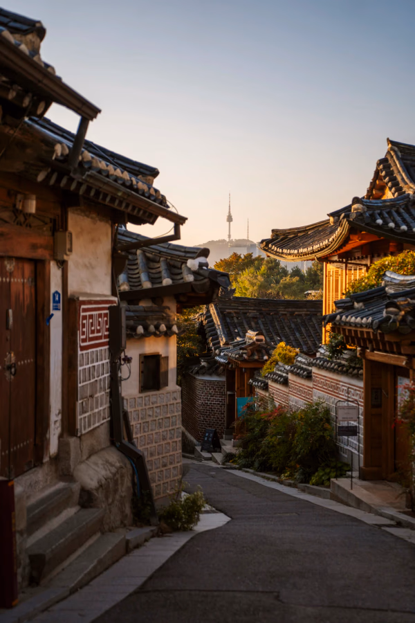 An empty street lined with traditional hanok houses in Bukchon Hanok Village