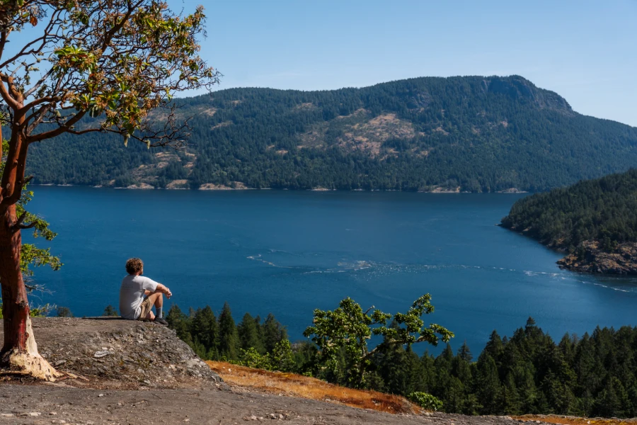 A man sits on a stone slab at the peak of a mountain above a deep blue channel with a forested island across the water