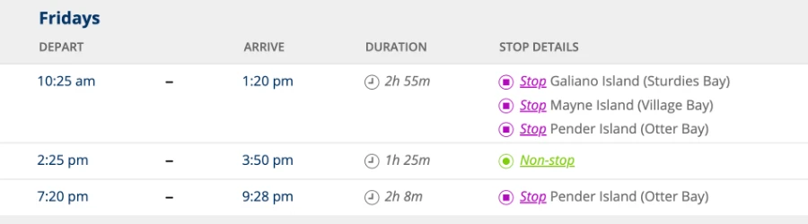Screenshot of a BC Ferries schedule showing sailing time for dates May 1 to June 24