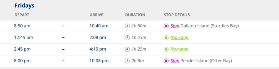 A screenshot of a BC ferry schedule showing sailings from Vancouver to Salt Spring Island from dates June 25 to Sept 7