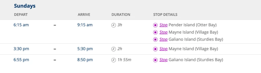 A screenshot of the BC ferries schedule from Long Harbour to Vancouver on Sundays in the early summer