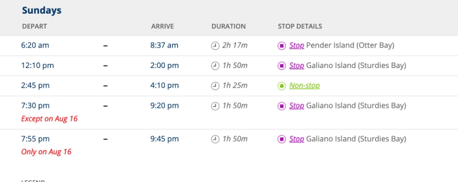 A screenshot of the BC ferries schedule from Long Harbour to Vancouver on Sundays in the late summer