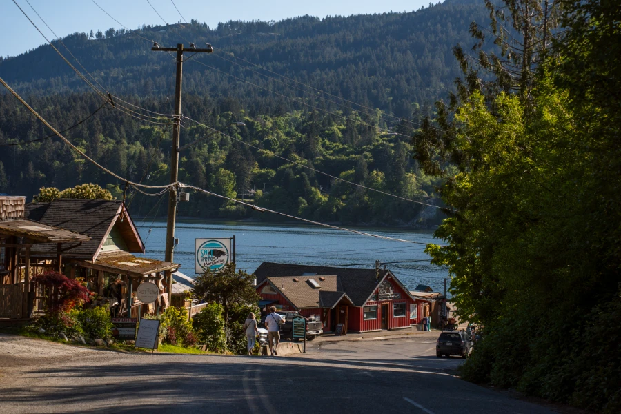 An empty street leads down a hill towards the water running past several small buildings in Fulford on Salt Spring Island