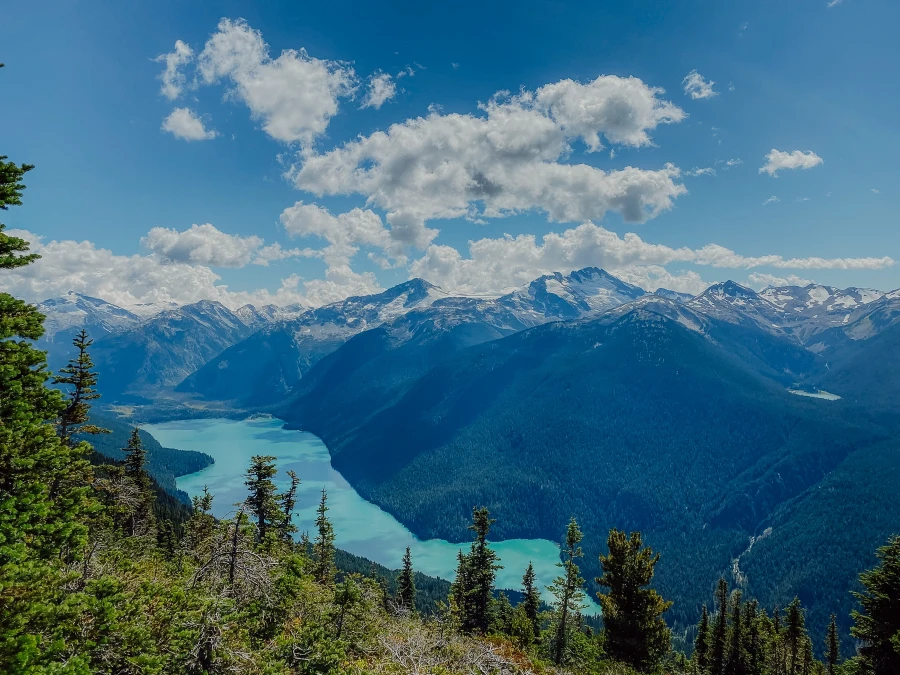A strikingly blue narrow lake down in a valley below lined by trees with tall mountains on the horizon