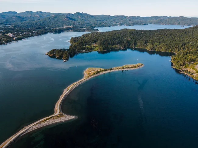 A narrow sand spit cuts out into a calm bay across from a tree covered regional park across the water