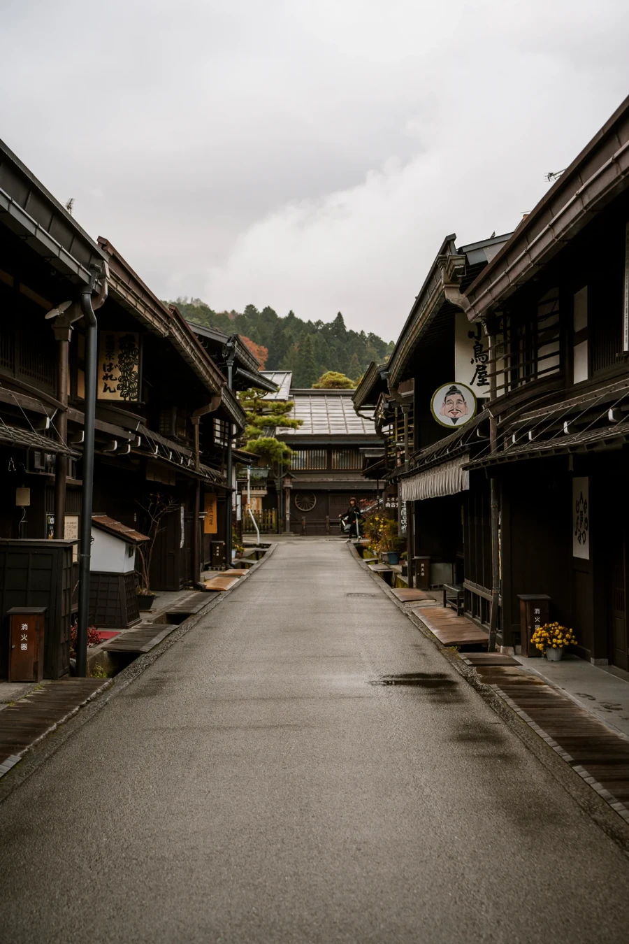 Empty streets of Takayama wet from the rain