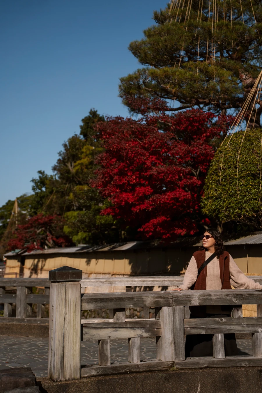 A woman standing on a stone bridge with rows of trees behind her