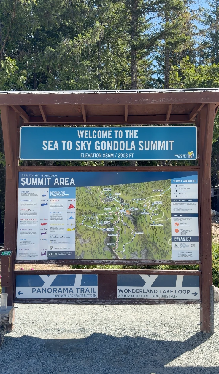 A large trail map on a wooden structure at the top of the Sea to Sky Gondola