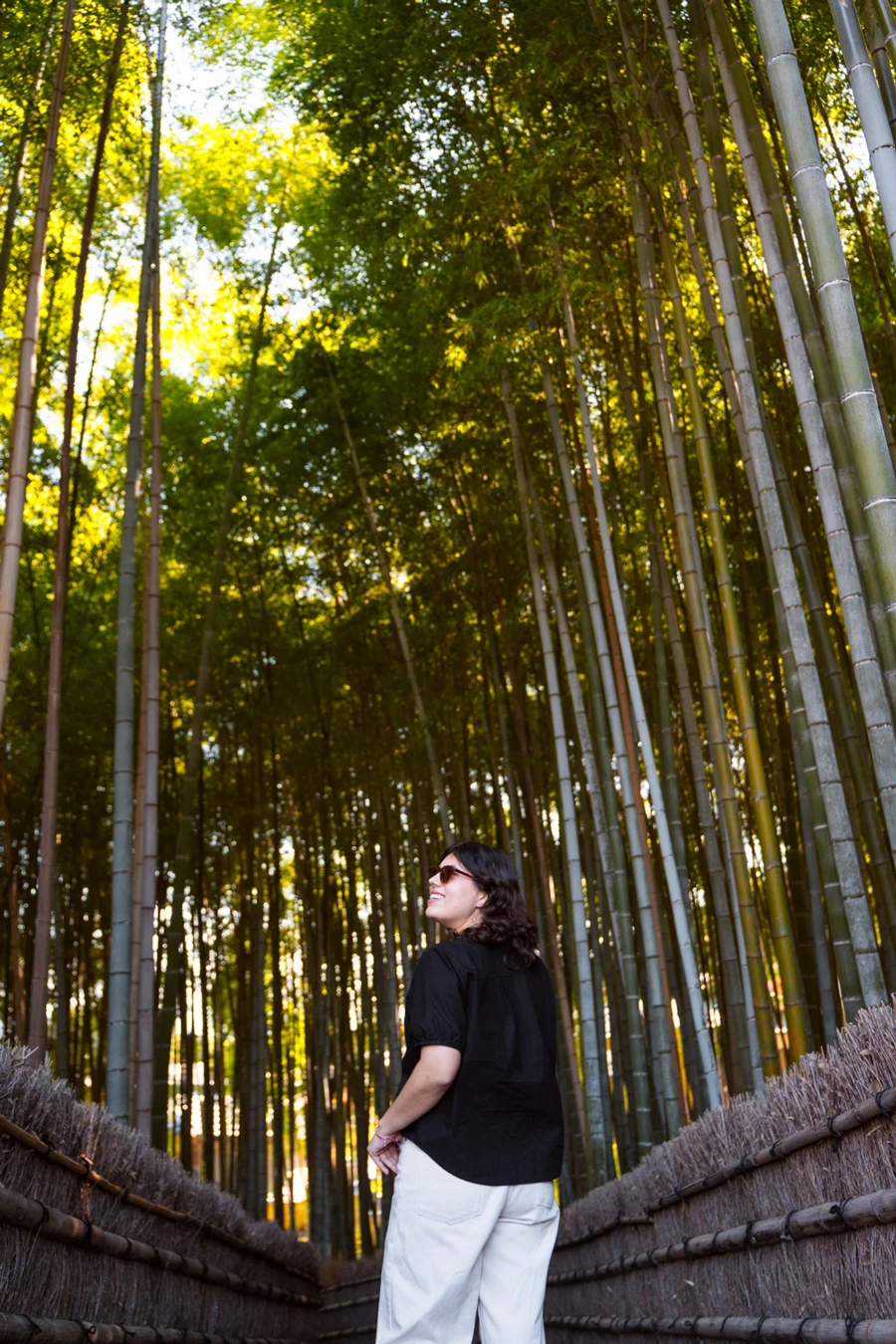 A woman stands on a path looking up at bamboo groves