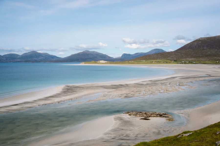 A large temporary sandbar connecting Luskentyre + Seilebost Beach, Isle of Harris