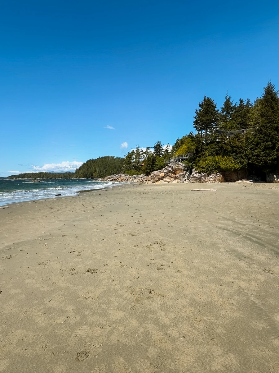 A flat sandy beach at low tide bordered by a rocky cliff
