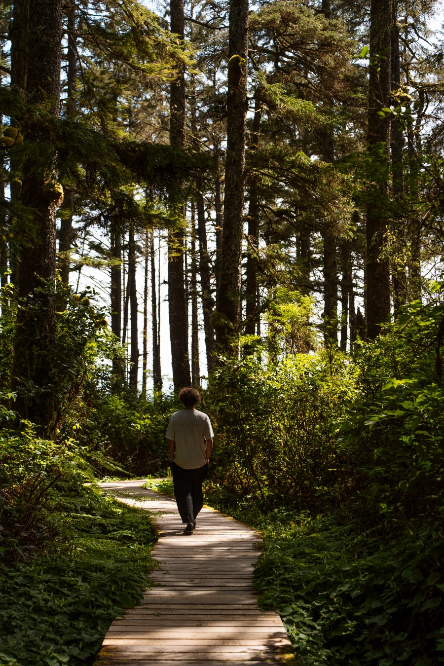 A man walking along a flat boardwalk through a forest on his way to Combers Beach in Tofino