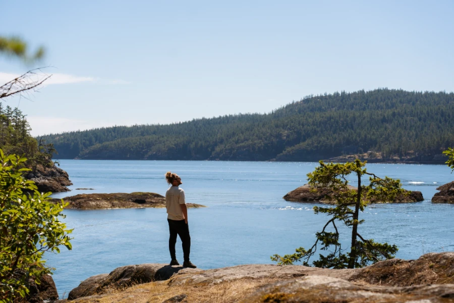 Man standing on a rocky cliff looking out to a tree covered Island