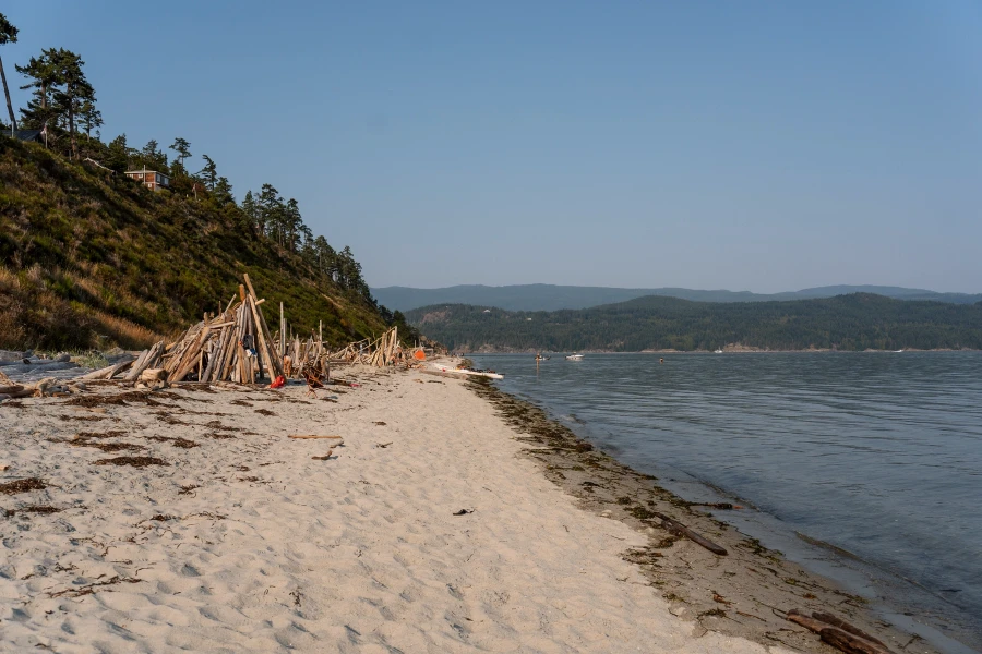 Sculptures built of driftwood line the white sand beaches of South Beach on Savary Island, BC