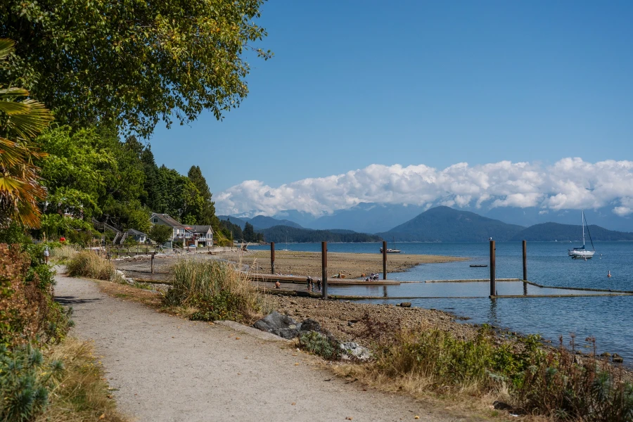 Gravel path runs along the coast towards Armour's beach on Bowen Island, BC