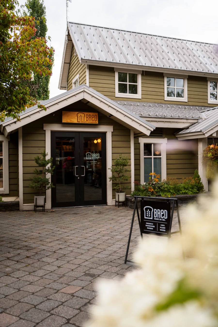 A bush of white flowers frames the cobblestone walkway that leads to the small wood-panelled building that houses BRED, a bakery in Creekside