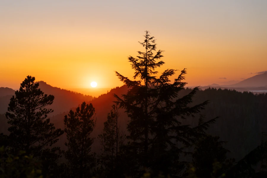 The warm glow of the setting sun on the horizon casts a warm light on two tree covered mountains in the foreground