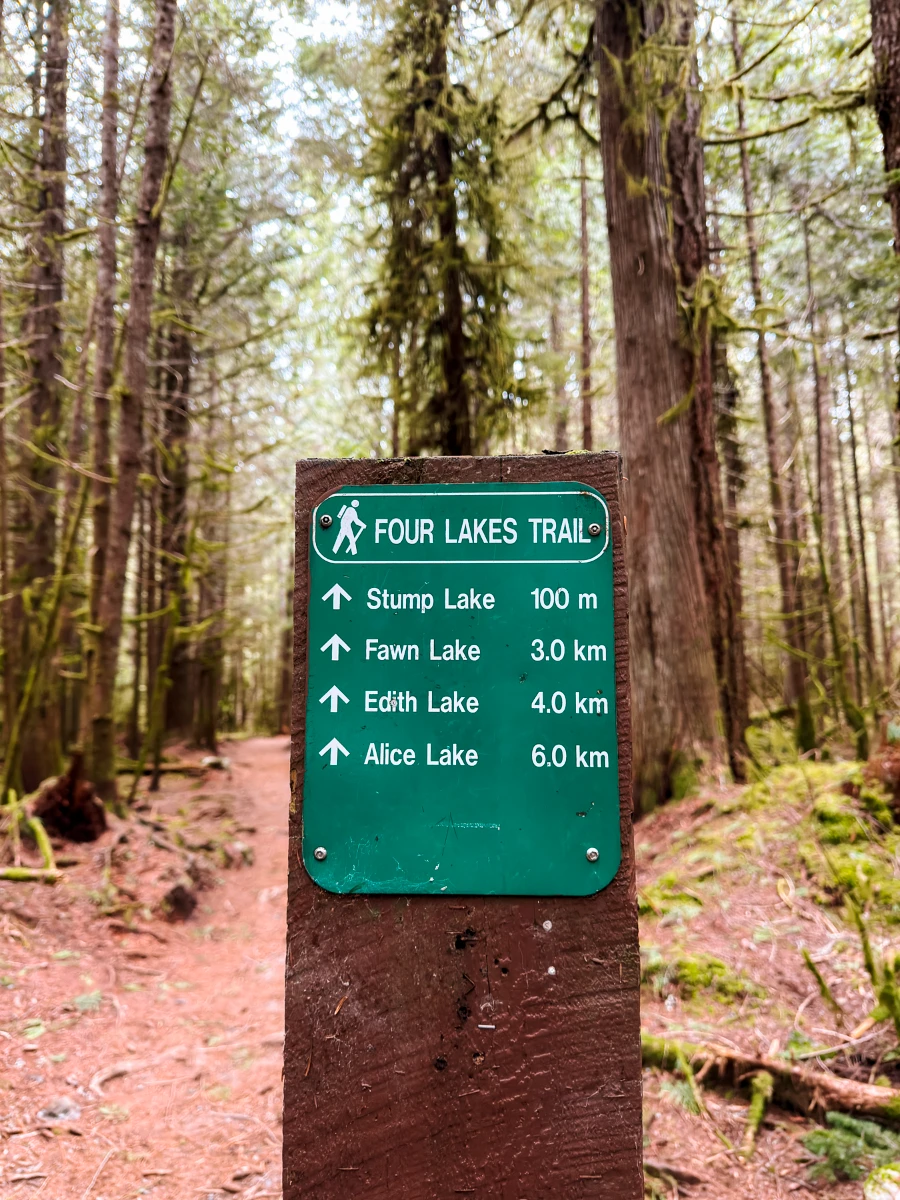 A sign fixed to a wooden post in the forest is titled ‘Four Lakes Trail’ and has distance directions listed for four different lakes
