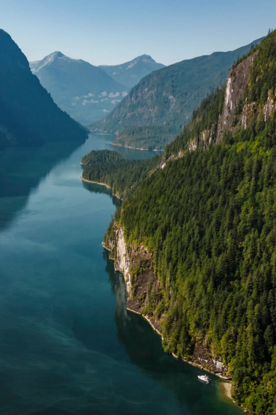 tree lined cliffs and calm waters of Princess Louisa Inlet