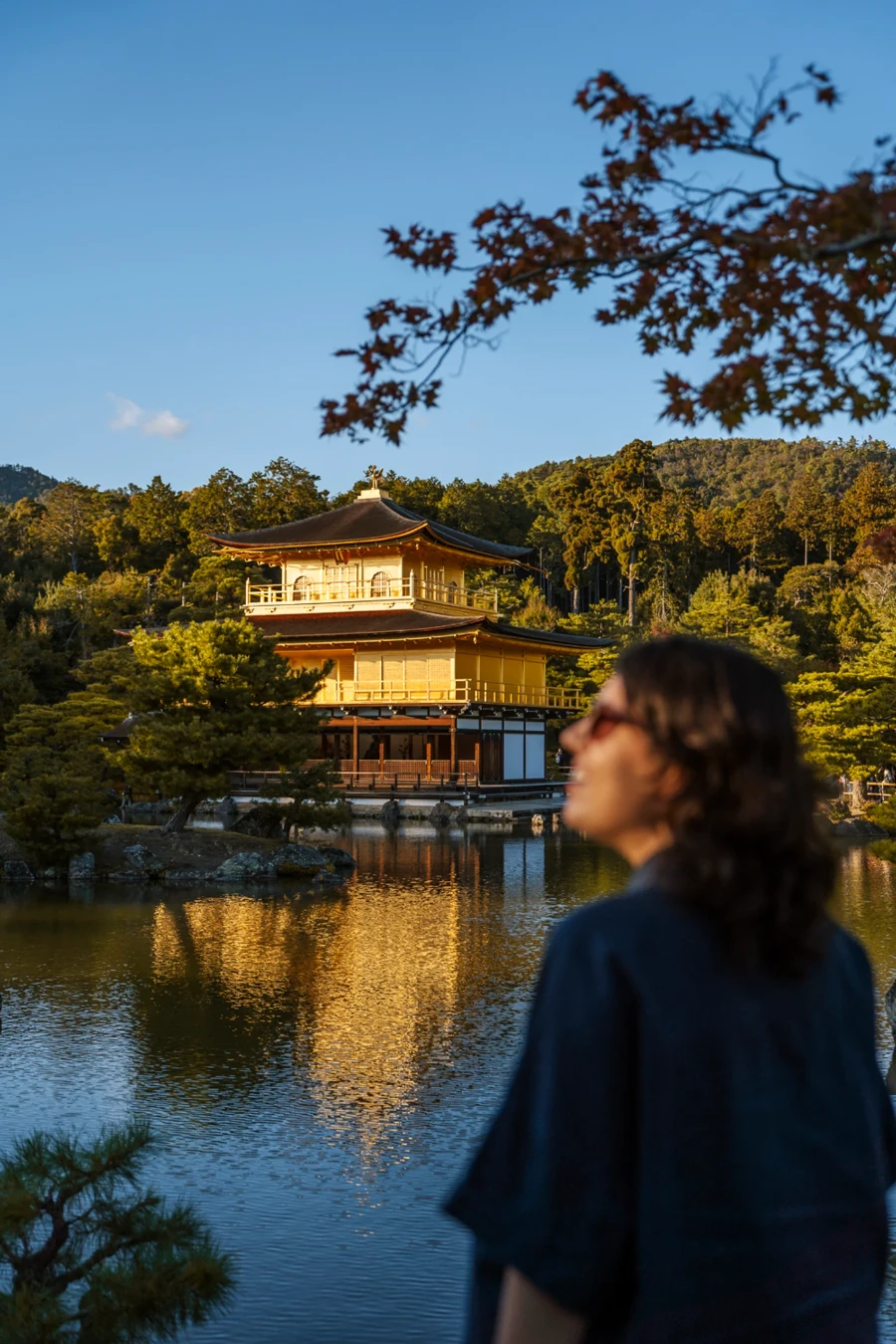A woman standing in front a  small pond that surrounds the golden temple Kinkaku-ji (Golden Pavilion)