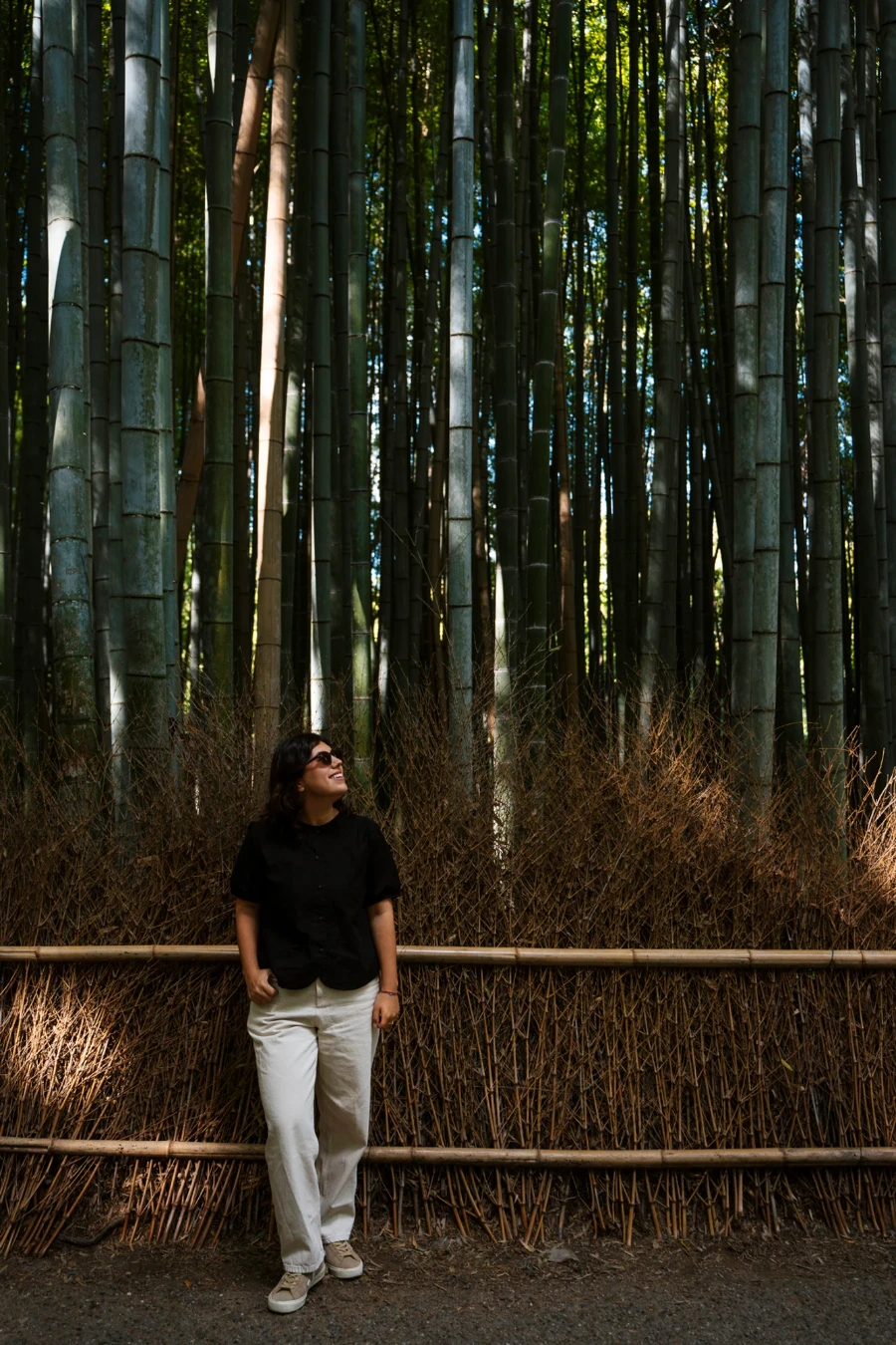 A woman standing in front of a row of bamboo plants in Arashiyama Bamboo Grove Kyoto, Japan