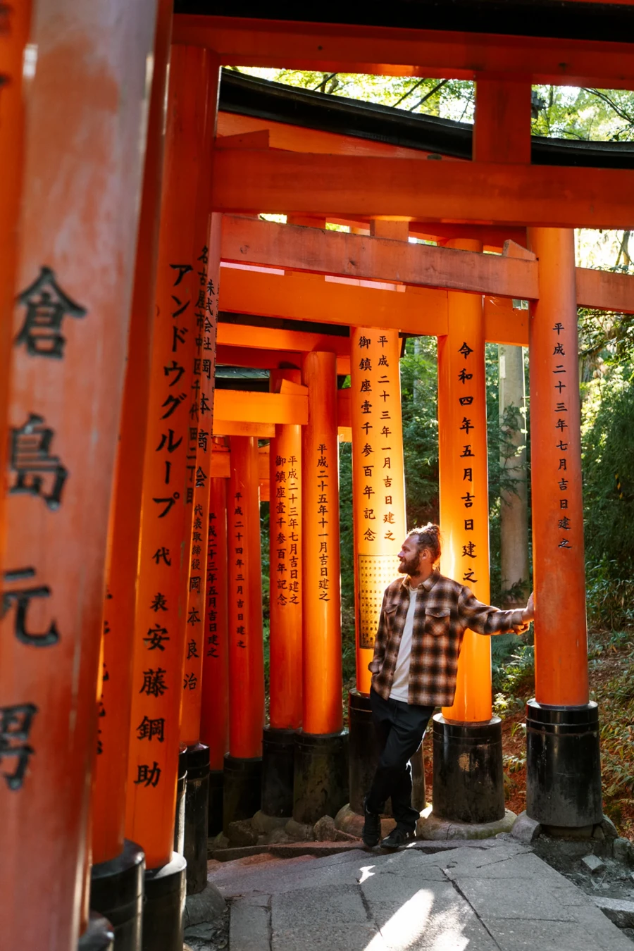 A man leaning on one of many Red Torii Gates Leading Up To Fushimi Inari Shrine