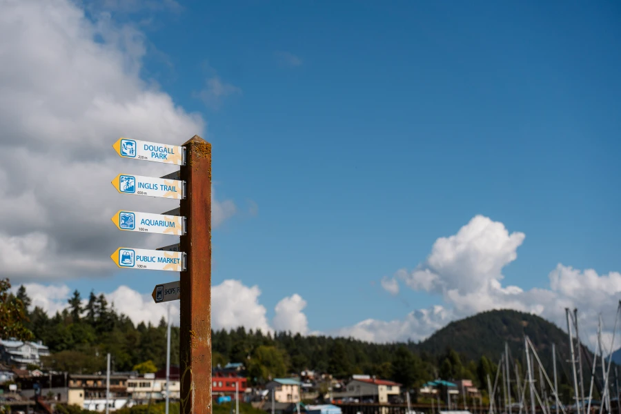 A signpost in Gibsons Landing points the way to the public market, aquarium, Inglis trail, and Dougall Park
