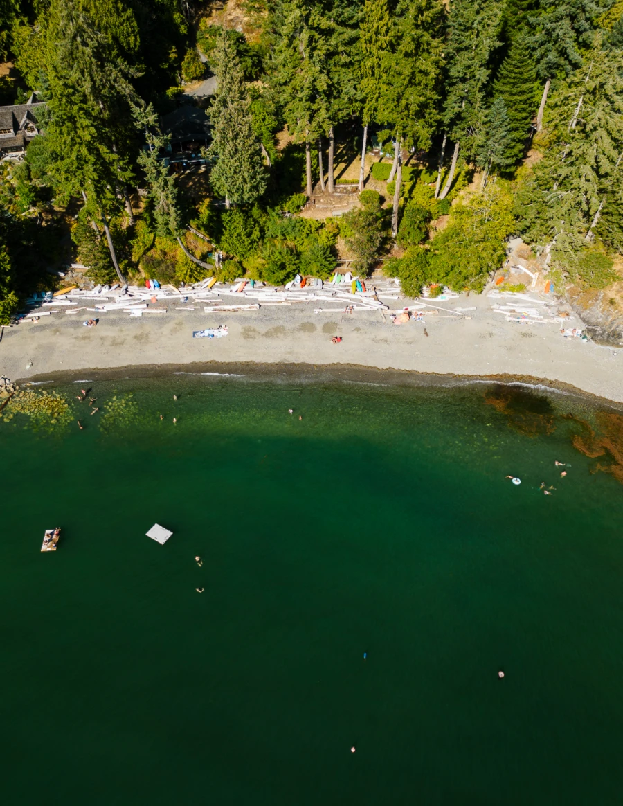 Bowen Bay Beach lined with trees with 2 floating docs out on the water
