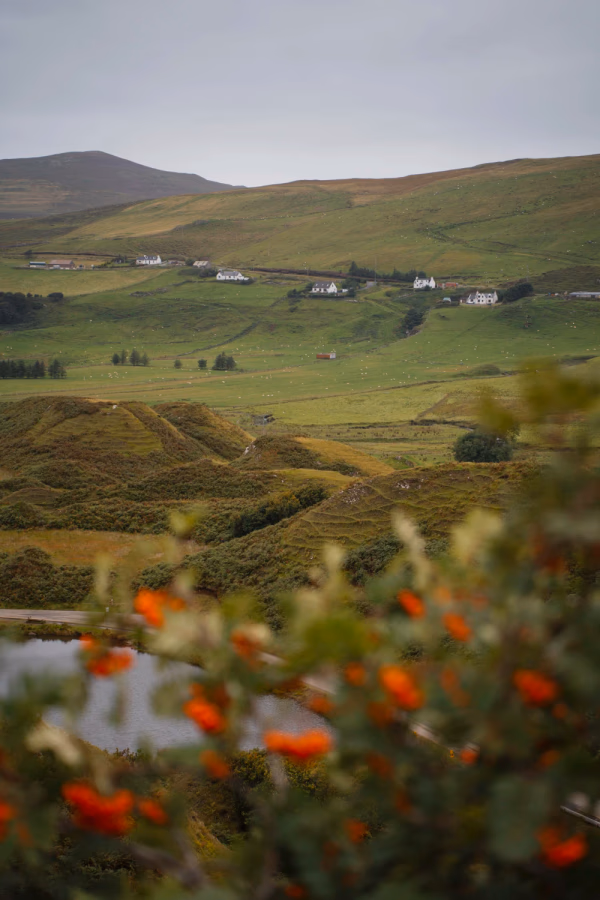 White cottages dot the rolling green hills on The Isle of Skye, Scotland