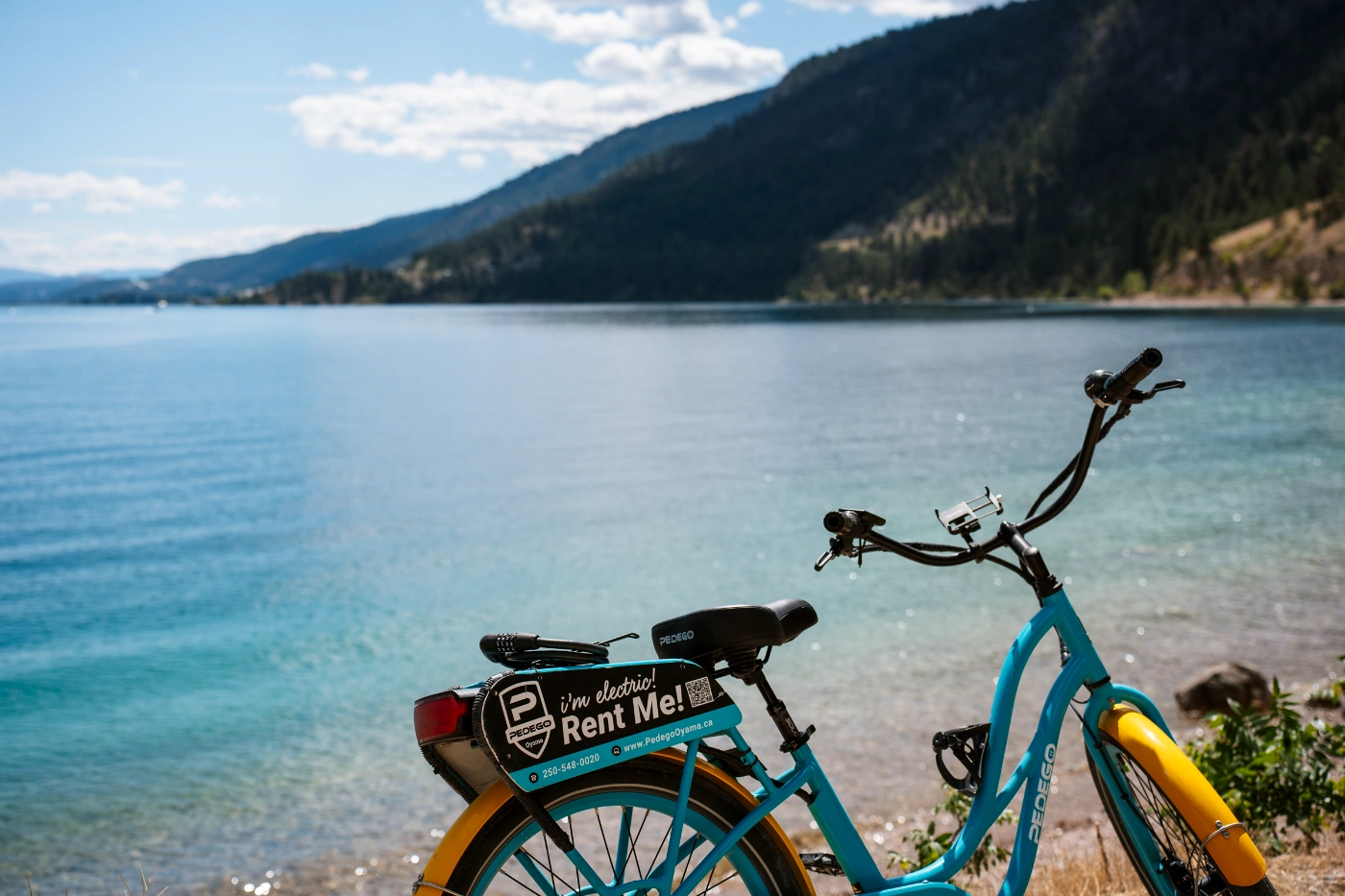 A blue cruiser bike stands held up by its kickstand at the edge of a turquoise lake