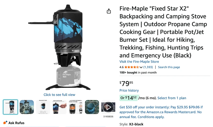 A screenshot of Amazon.ca showing a Fire-Maple backpacking Camping Stove System