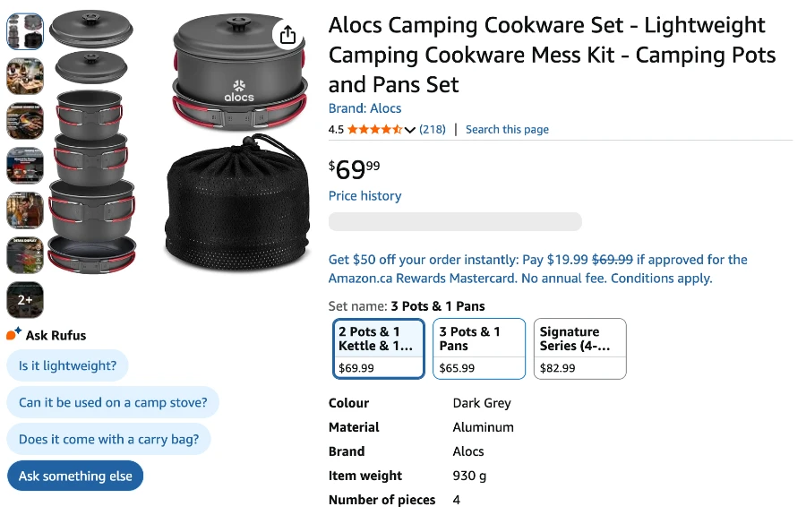 A screenshot of Amazon.ca showing an Alocs Camping Cookware Set