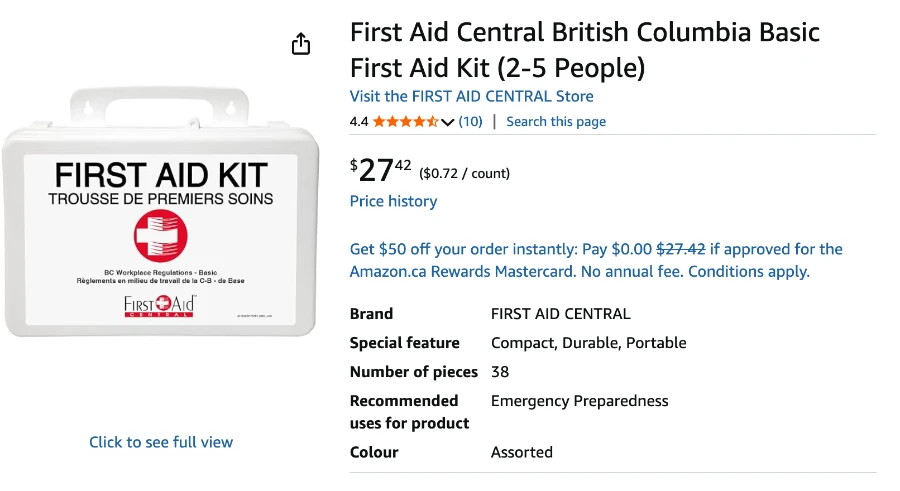 A screenshot of Amazon.ca showing A Central British Columbia Basic First-Aid Kit