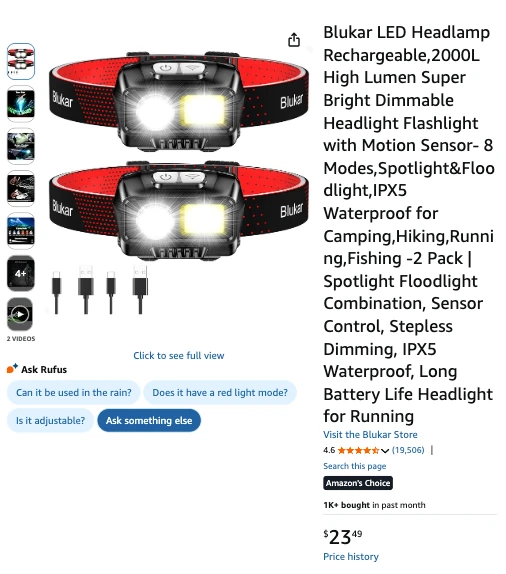 A screenshot of Amazon.ca showing a rechargeable Blukar LED Headlamp