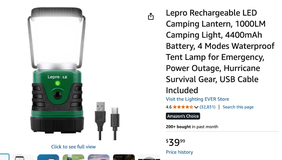 A screenshot of Amazon.ca showing a Lepro rechargeable LED camping lantern