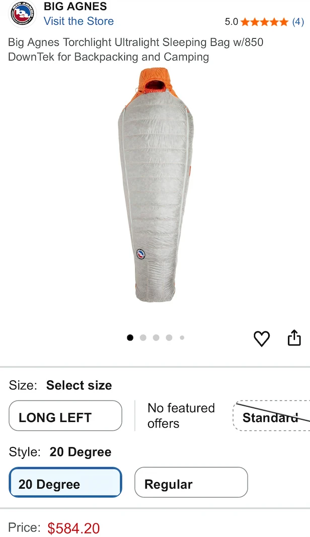 A screenshot of Amazon.ca showing the Big Agnes Torchlight Ultralight Sleeping Bag