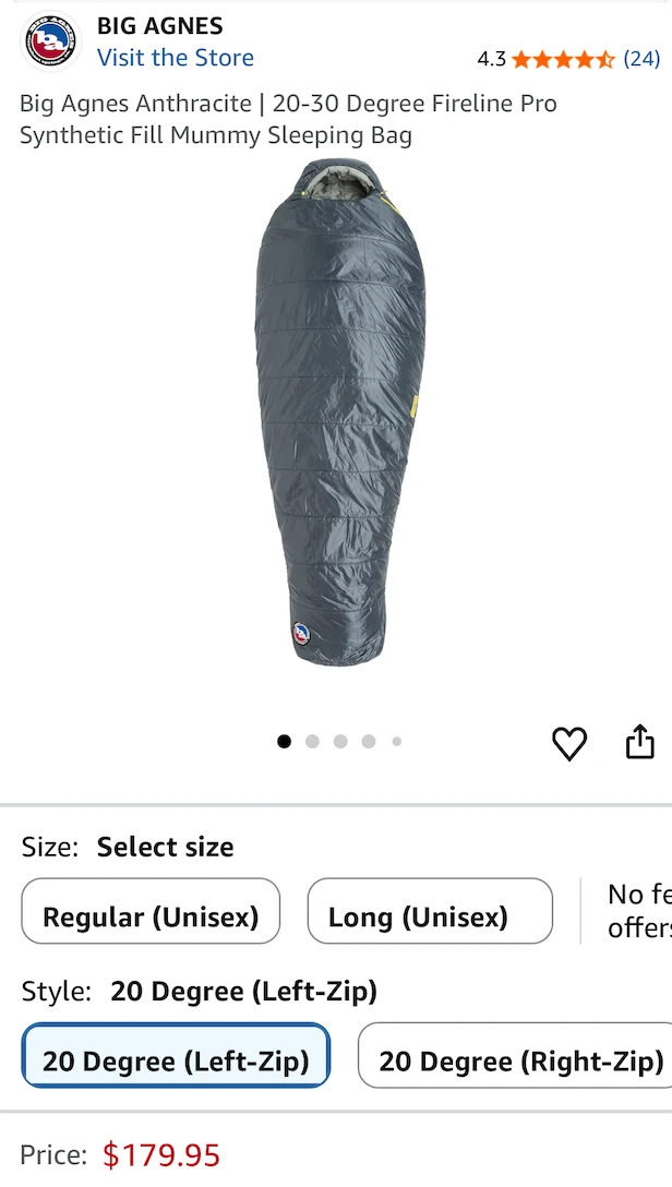 A screenshot of Amazon.ca showing the Big Agnes Anthracite sleeping bag