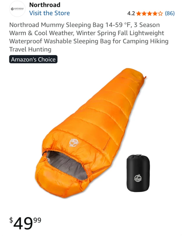 A screenshot of Amazon.ca showing the Northroad Mummy sleeping bag