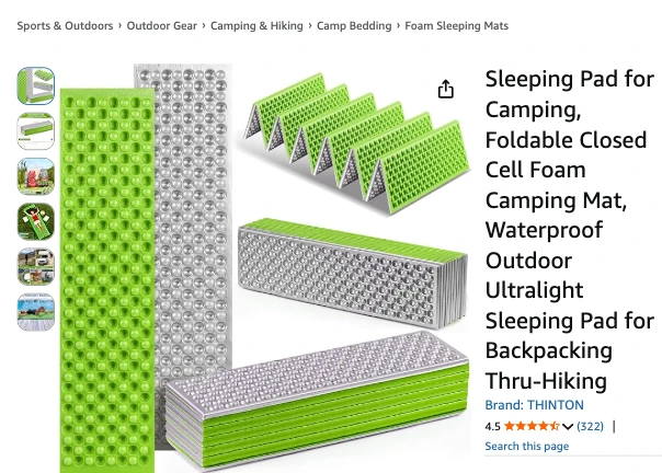 A screenshot of Amazon.ca showing a foam sleeping pad for camping