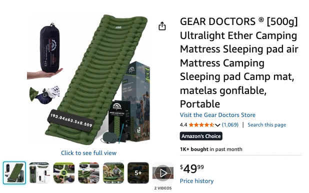A screenshot of Amazon.ca showing a Gear Doctors Ultralight camping mattress