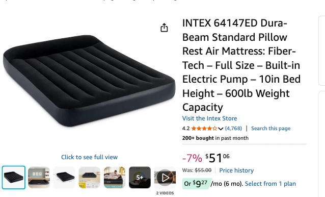A screenshot of Amazon.ca showing an Intex brand inflatable mattress