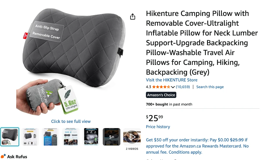 A screenshot of Amazon.ca showing a Hikenture Camping Pillow