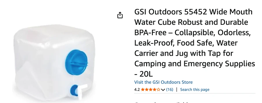 A screenshot of Amazon.ca showing a GSI Outdoors 20L water jug