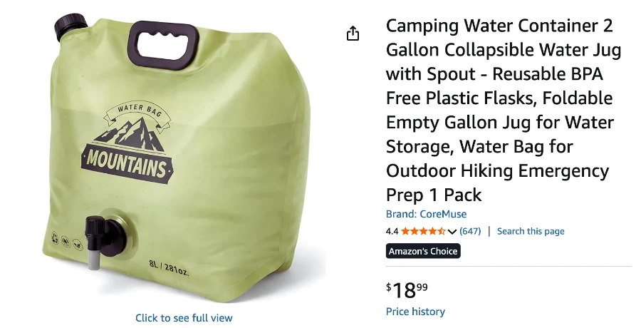 A screenshot of Amazon.ca showing a 2-gallon collapsible water jug