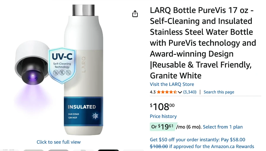 A screenshot of Amazon.ca showing a LARQ brant PureVis 17oz self-cleaning insulated stainless steel water bottle