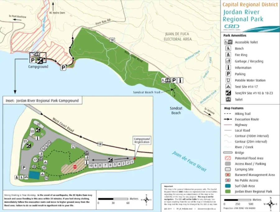 A map of Jordan River Regional Park Campground with a legend showing all the ammenities and surrounding features